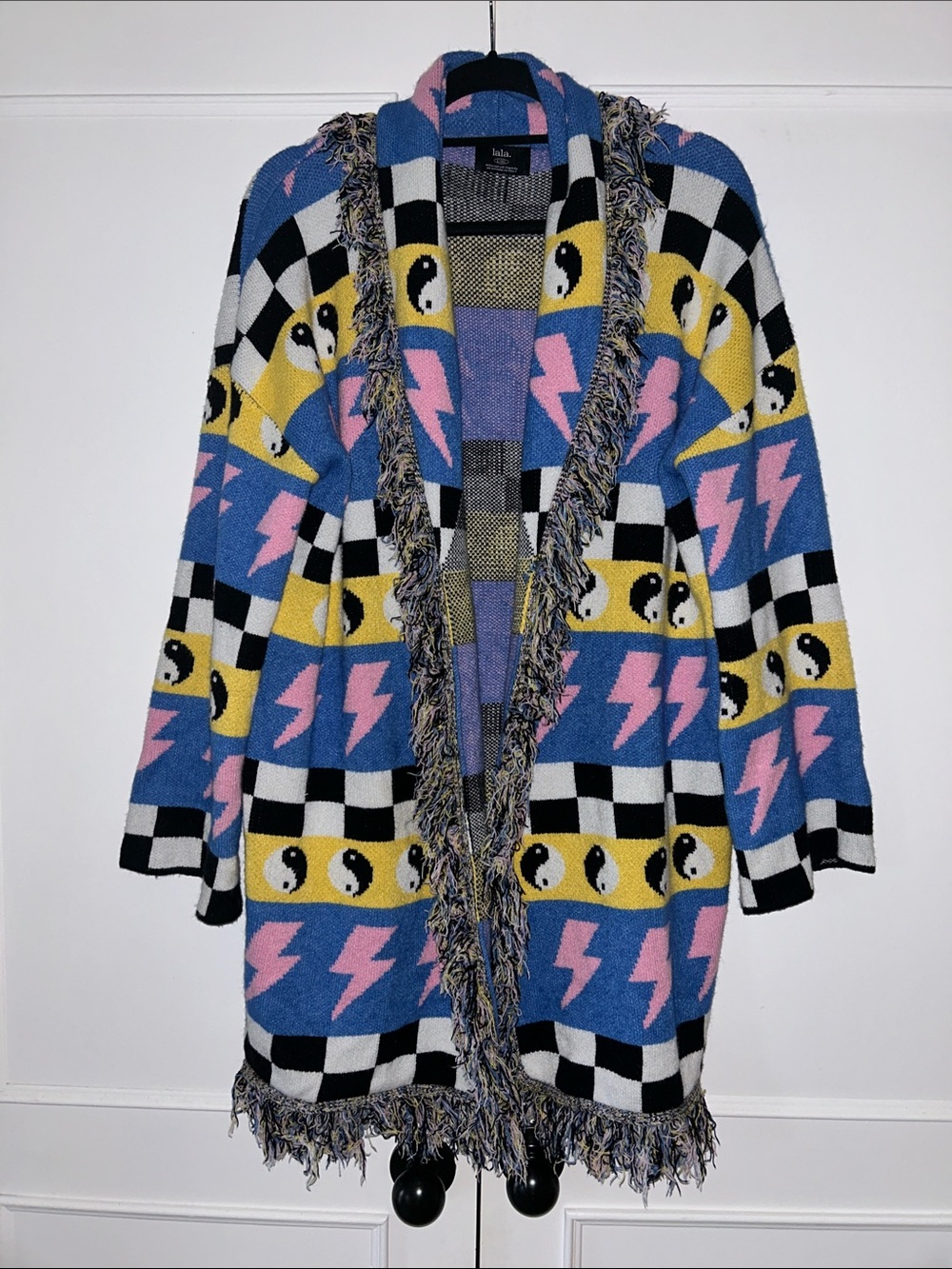Dressed in LALA Blue Pink Yellow Checkerboard Fringe Knit Cardigan